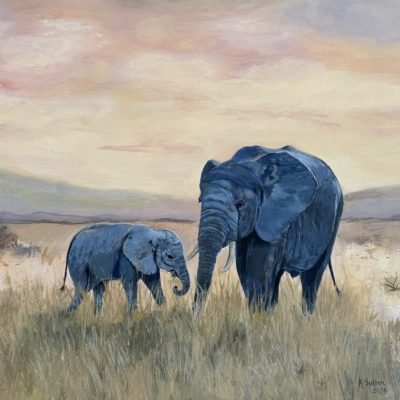staffordshire artist karen sutton original wIldlife art of asian eephants in acrylic on board