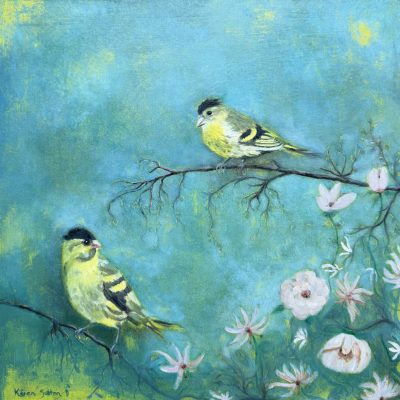 Siskins in the morning mist original artwork